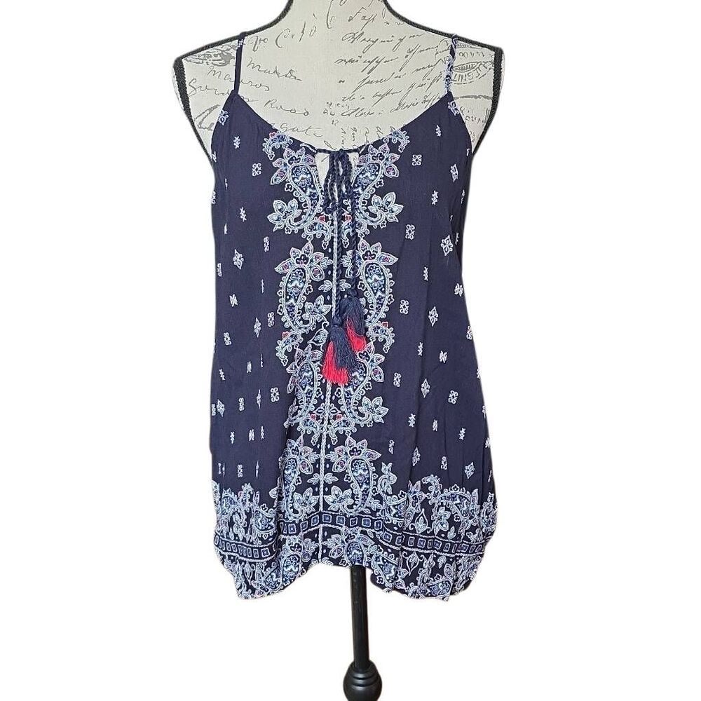 Luq Ladies Size Large Navy White Red Rachell Tassel Paisley Boho Racer Tank